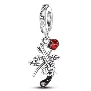 NWOT Gun and Rose Pendant Dangle Charm Sterling Silver 925